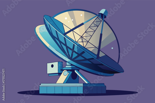 Large satellite dish set against a purple background, capturing signals and exploring space technology