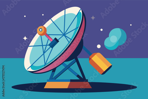 Satellite dish receiving signals in a colorful, modern illustration at night