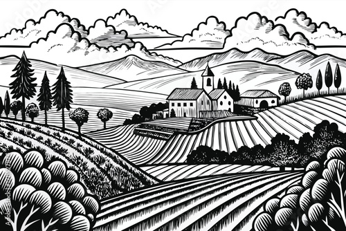 Beautiful countryside landscape with rolling hills and a charming village under a cloudy sky