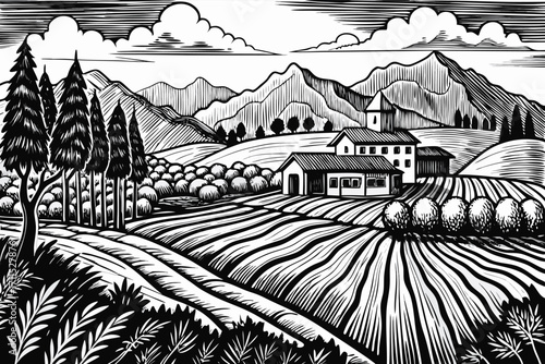 Scenic rural landscape with mountains, trees, and a quaint farmhouse during a calm day
