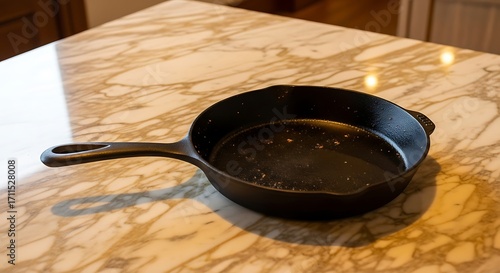 Well-Used Cast Iron Skillet Resting on a Marble Surface in the Kitchen