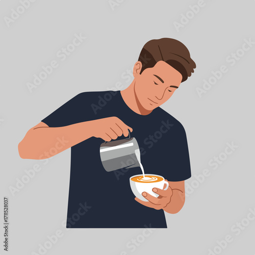 Man pouring milk into a cup of coffee, creating latte art, on a gray background