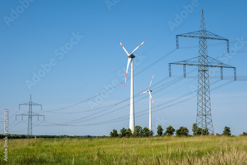 Wind turbines and overhead power lines seen in Germany
