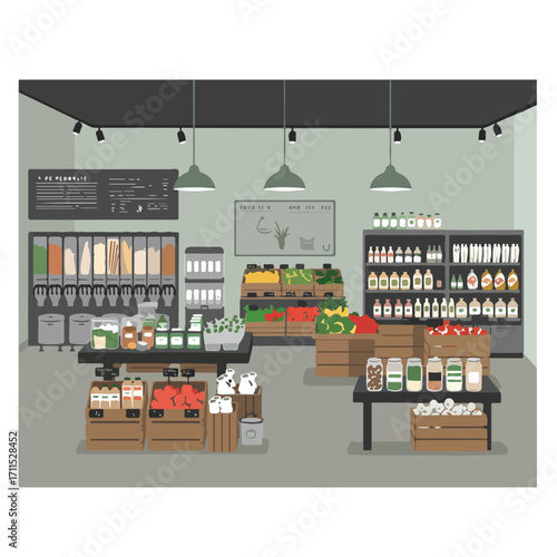 Illustrated interior of a grocery store featuring bulk items and fresh produce displays