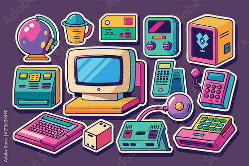 Vintage electronic devices and retro gadgets displayed in colorful arrangement