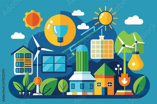 Renewable energy sources illustrated with wind turbines, solar panels, and eco-friendly buildings