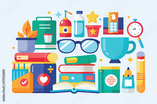 Colorful collection of study supplies and items for learning in a bright, organized layout