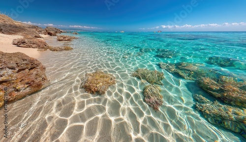 Sunny, shallow turquoise water laps a sandy beach with rocks