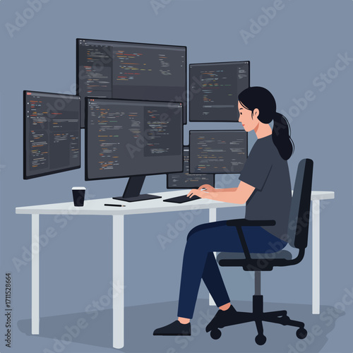 Woman coding on multiple monitors at a clean desk with a drink and pen, simple vector art