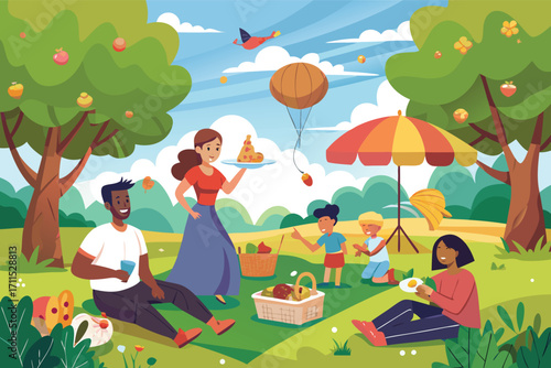 Outdoor picnic scene with family enjoying food and play under a bright sky in a park during a sunny day