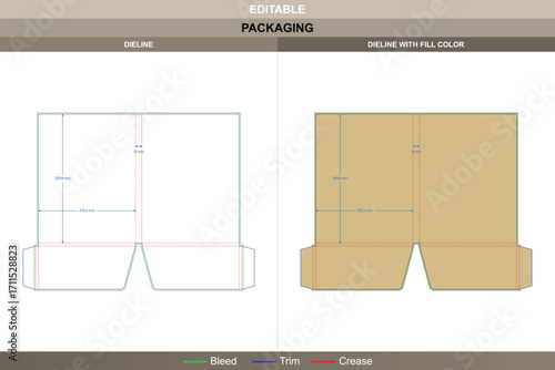 Double pocket folder dieline in custom dimensions, editable stationery carton template for office packaging design with folding structure and accurate die line placement