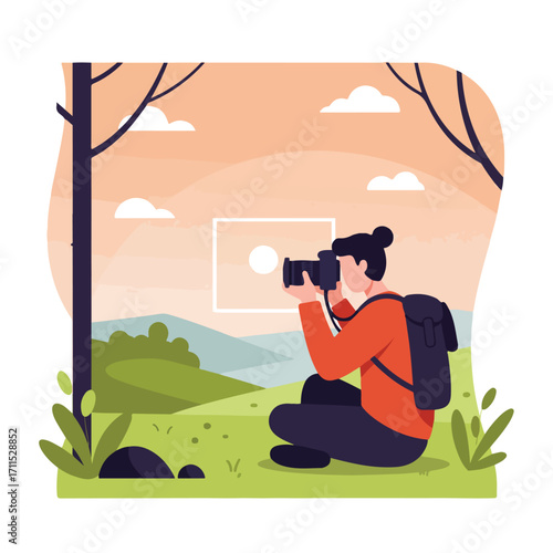 Illustrated person sits, taking nature photos of scenic landscape during a colorful sunset