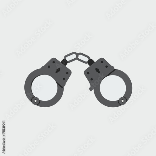 Isolated, stylized handcuffs in a flat, vector art style over a light grey background