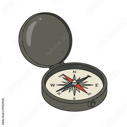 Open compass points to north, east, west and south on a white background illustration