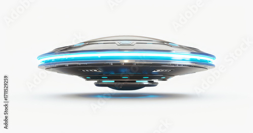 A futuristic flying saucer with glowing blue lights, suggesting advanced technology.