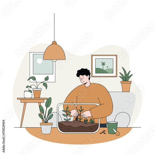 An illustration of a person tending to plants in a terrarium, interior setting, artwork