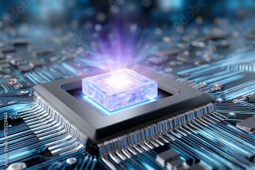 Glowing quantum chip on motherboard with light beam displaying futuristic technology