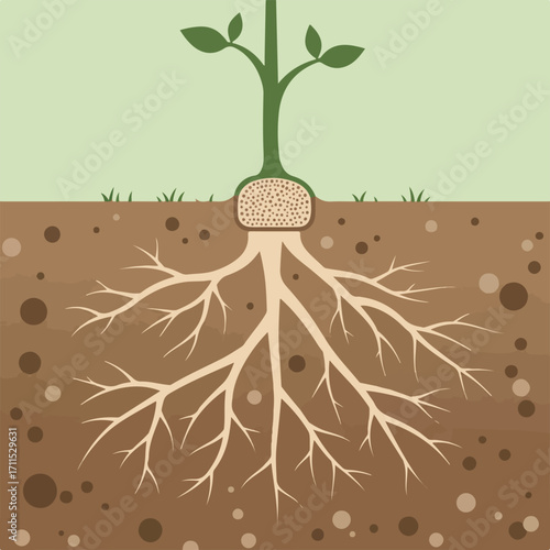 Cutaway illustration of a plant showing the roots underground and the leaves above