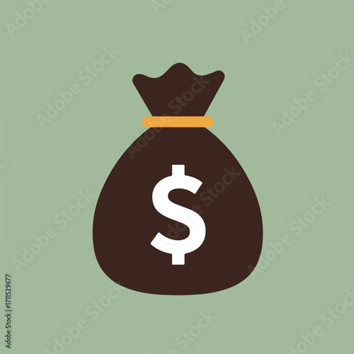 Simple flat illustration of a brown money bag tied with a yellow string and dollar symbol