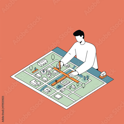 Stylized drawing of a planner measuring distances on a city map on a salmon colored surface