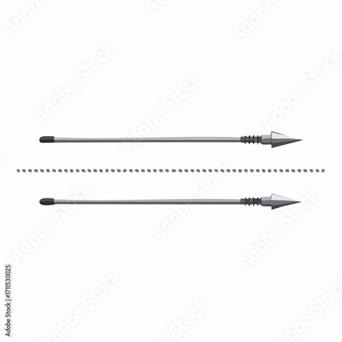 Two gray metallic arrows pointing to the right on a white background with a dotted line in between them