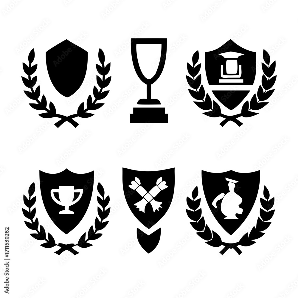 Fototapeta premium Vintage educational coat of arms set with university college and academy elements isolated vector illustration. Laurel wreaths, shields, ribbons illustration for awards ,badges, and branding designs 