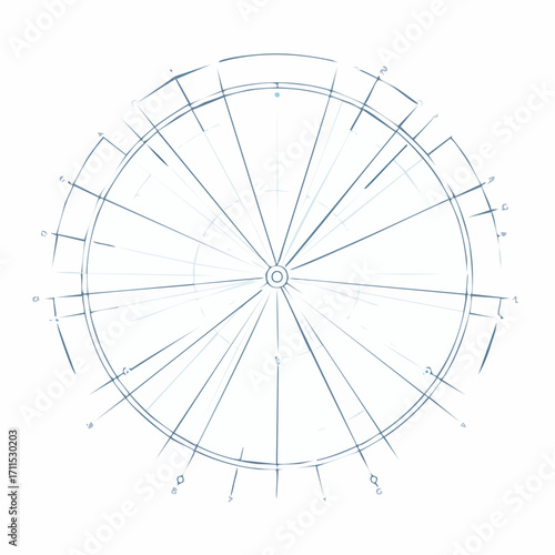 Hand-drawn schematic of a circular dial with radiating lines, an abstract technical blueprint sketch isolated on a white background