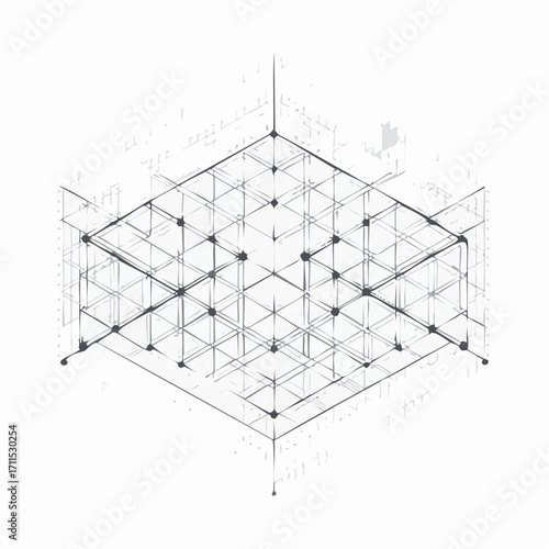 Abstract isometric structure with connected lines and nodes, a 3D grid design concept