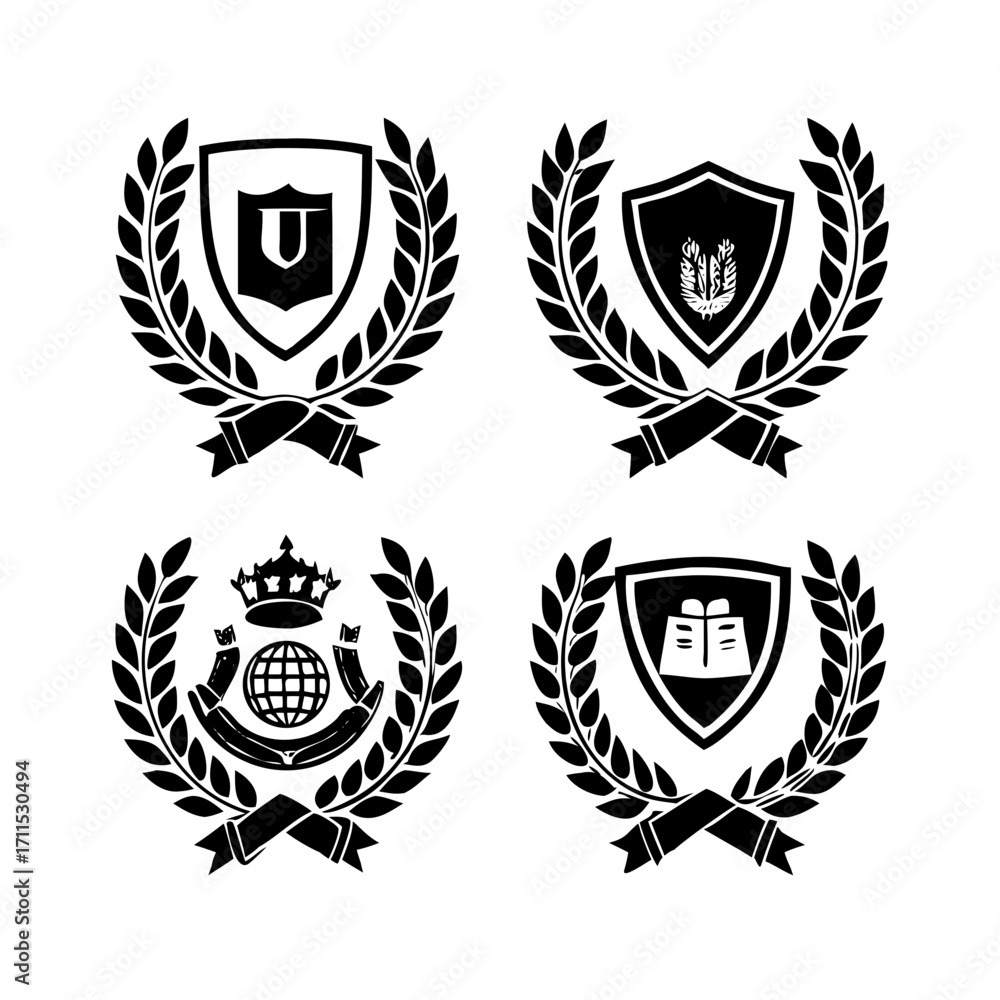 Fototapeta premium Vintage educational coat of arms set with university college and academy elements isolated vector illustration. Laurel wreaths, shields, ribbons illustration for awards ,badges, and branding designs 