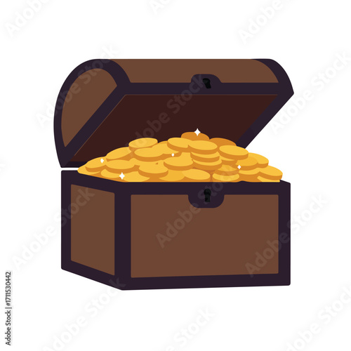 An open cartoon treasure chest overflowing with shiny gold coins, illustrated, against white