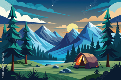Camping under the stars in a scenic mountain landscape with a glowing tent at sunset