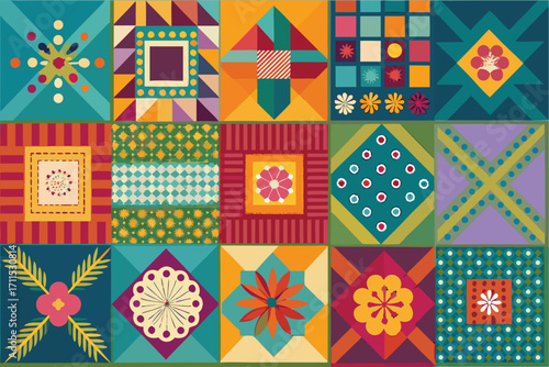 Colorful patchwork quilt design featuring various geometric patterns and floral motifs