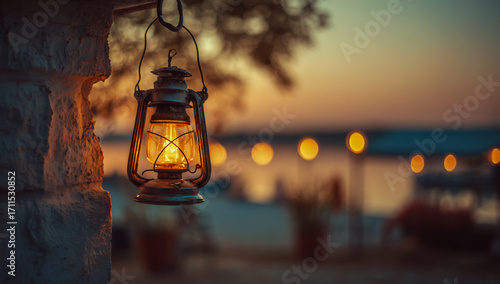 Vintage oil lantern hanging from a tree branch at dusk with blurred background lights