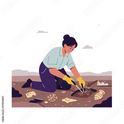 Woman excavating artifact
