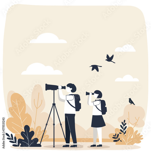Two people with binoculars and tripod looking at birds in a park-like setting