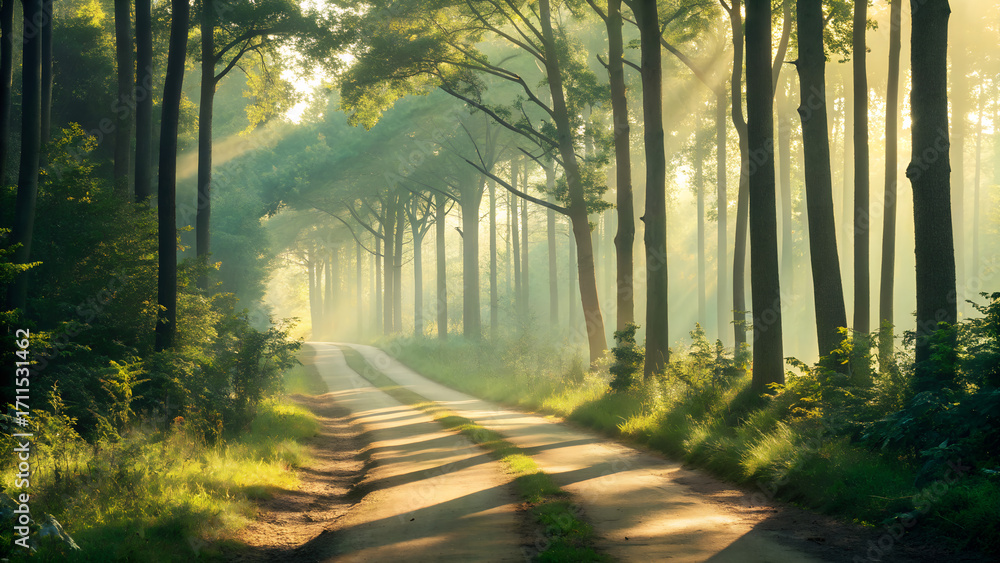 Obraz premium Peaceful Forest Path Illustration, Sunlit Woodland Path Cartoon, Tranquil Forest Scene Vector, Beautiful Nature Pathway Art, Serene Tree Path Drawing