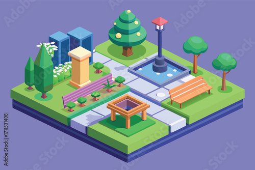 Beautiful park layout with trees, a fountain, benches, and holiday decorations in a vibrant setting