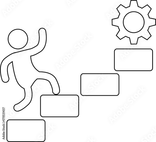 gear icon and person climbing stairs icon with white background