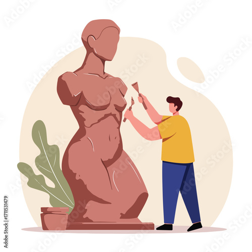 Sculptor crafting an abstract clay bust with tools in his hands, next to greenery