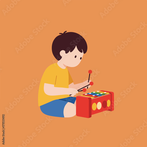 Boy playing a colorful xylophone with mallets in a flat vector cartoon illustration