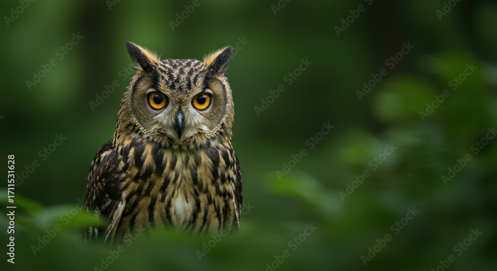 Fototapeta premium Majestic Eagle Owl Stares Intently from Lush Green Forest.