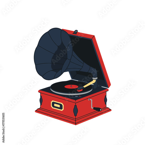 Antique-styled phonograph with its box lid open, playing a black vinyl record