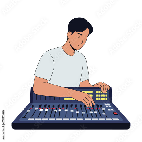 Cartoon of a man adjusting the settings on a large mixing console with faders and knobs