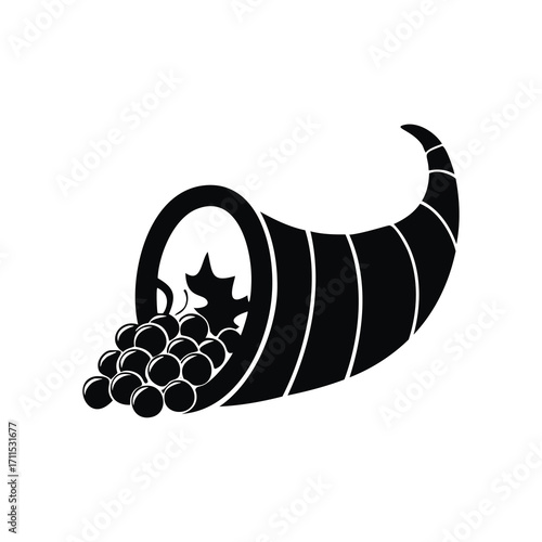 Black Cornucopia with Grapes on White Background horn of plenty