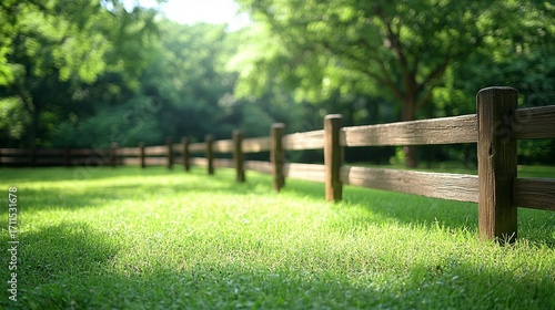 Rustic wooden fence bordering a grassy field, bathed in sunlight. Lush green trees in the background