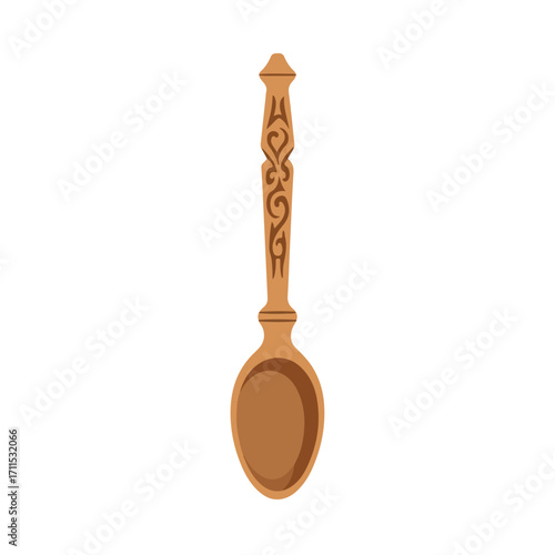 Brown carved wooden spoon with a shallow bowl and ornamented handle, on a white background
