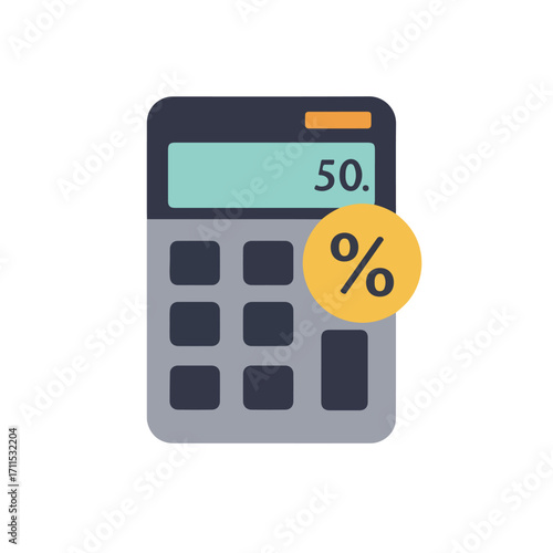 Flat vector illustration of a calculator showing 50 and a percentage symbol on yellow dot