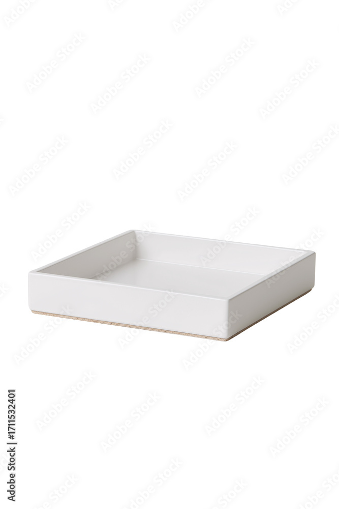 Naklejka premium Minimalist Tray: A sleek, square, white tray is presented with subtle shadows and clean lines in a studio setting. This image embodies simplicity and modern design.