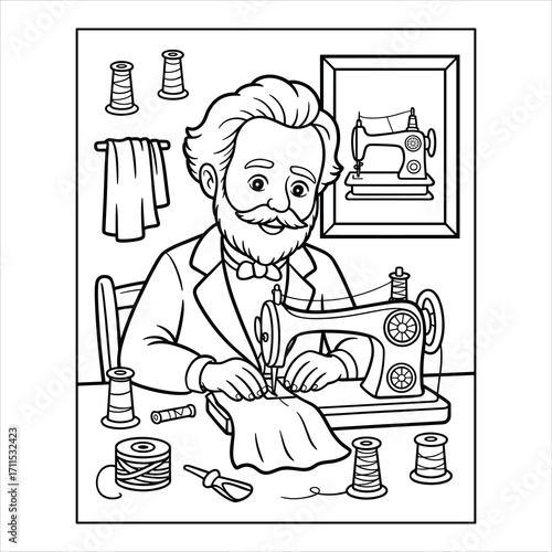 Cartoon Tailor Sewing Machine Kids Coloring Page Vector
