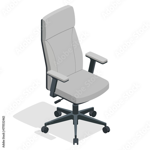 An isometric view of a modern, light gray office chair with adjustable armrests and a five-wheeled base, casting a shadow on a white background.